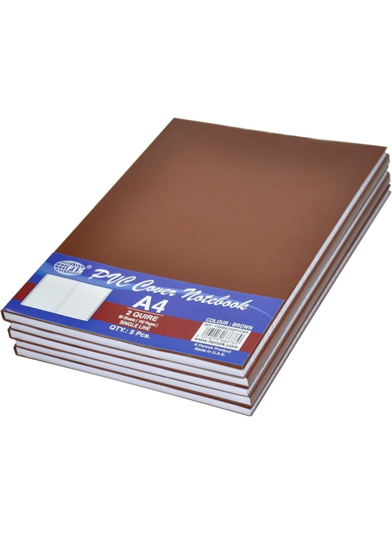 FIS PVC Cover Notebook, A4 Size(29.7x21cm), Single Line Ruling, 96 Sheets, Brown Color, Pack of 5-Pieces - FSNBA42QPVCBR - Image 1